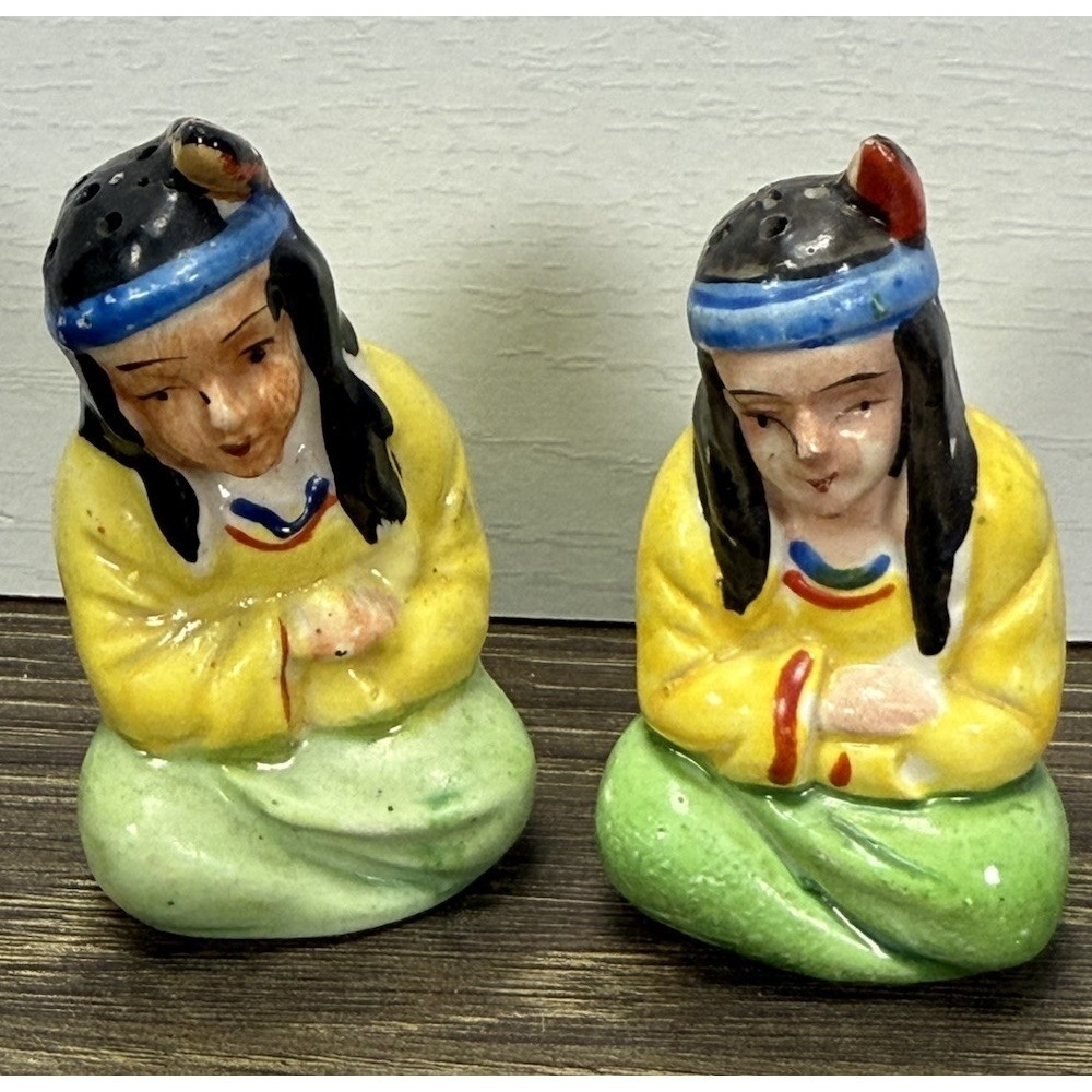 Vintage Japan‎ Native American Salt Pepper Shakers Set Cork 1950s